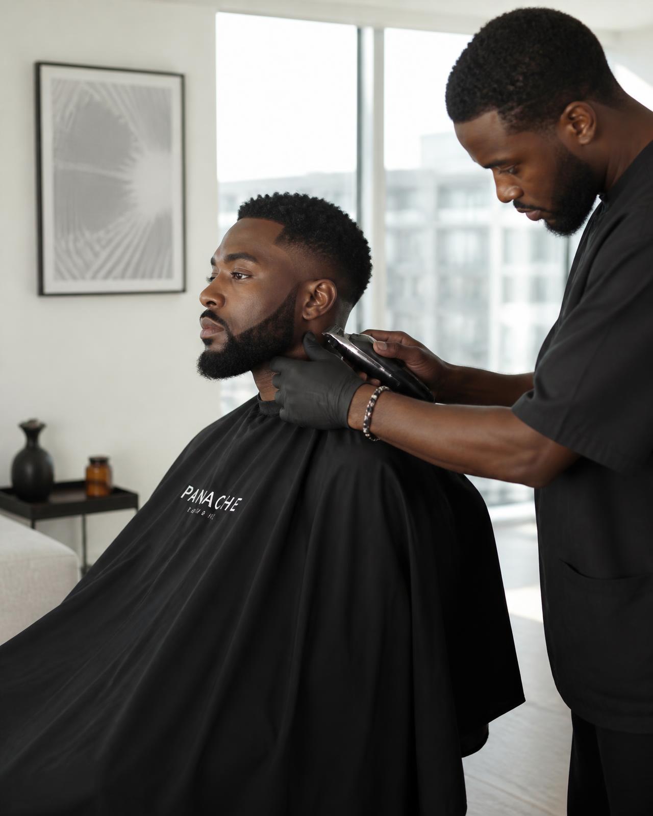 Barber giving a precise lineup at a client's apartment