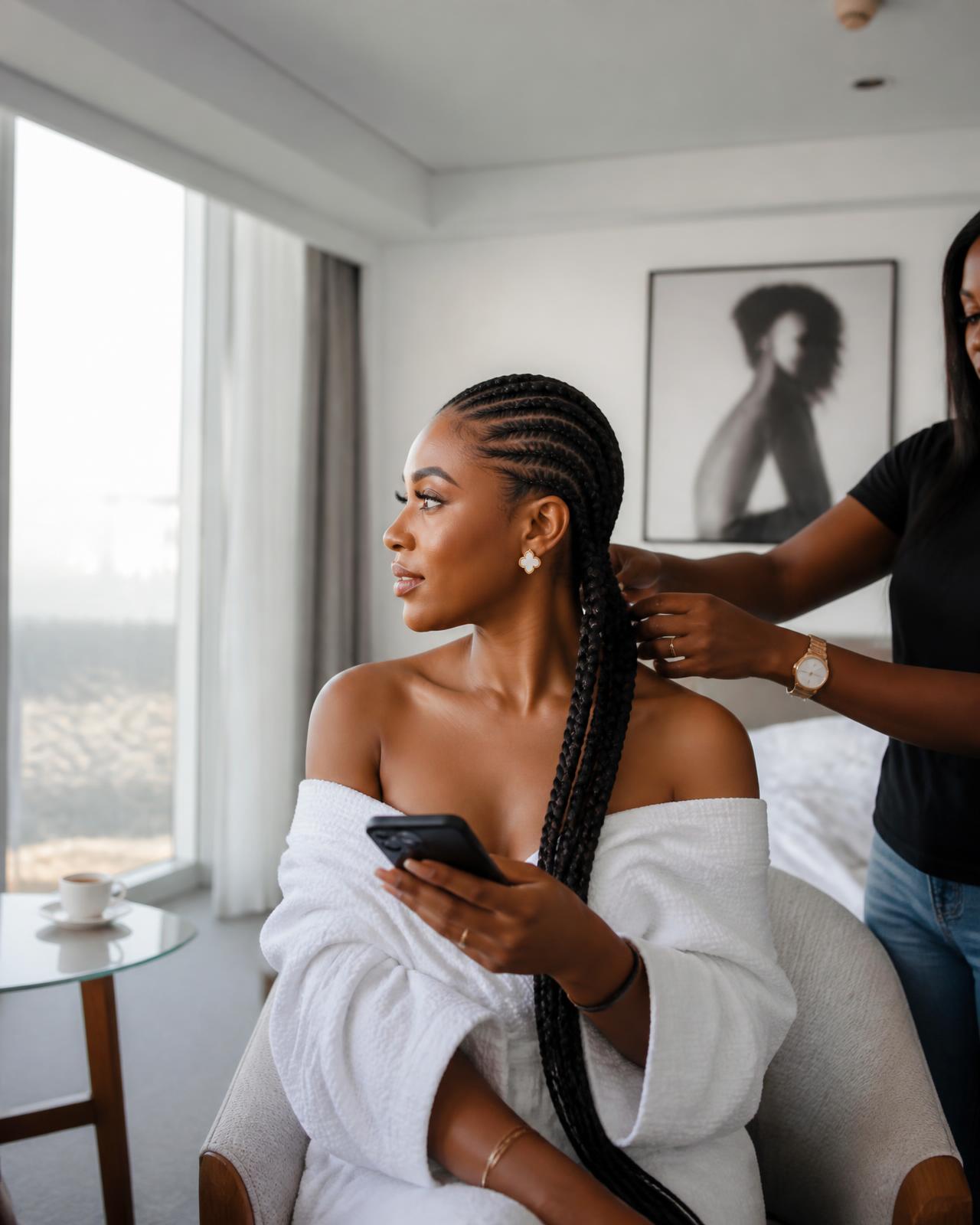 Client having her braids styled in an Accra hotel suite